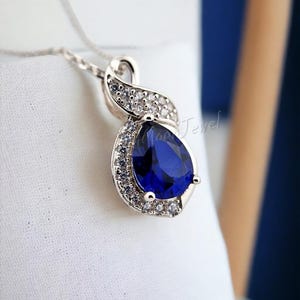 925 Silver Sterling Blue Sapphire Necklace with Halo Diamonds, Classic September Birthstone Pendant, Elegant Sapphire Pendant Necklace