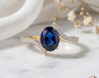 Anillo de zafiro azul de talla ovalada, plata de ley, anillo de compromiso tipo bypass, joya de piedra natal de septiembre
