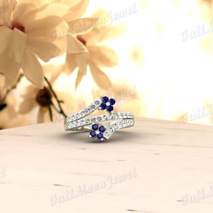 Sapphire Flower Ring – 14K Gold or Silver CZ Diamond Cluster – September Birthstone Promise Ring – Dainty Floral Gift for Her
