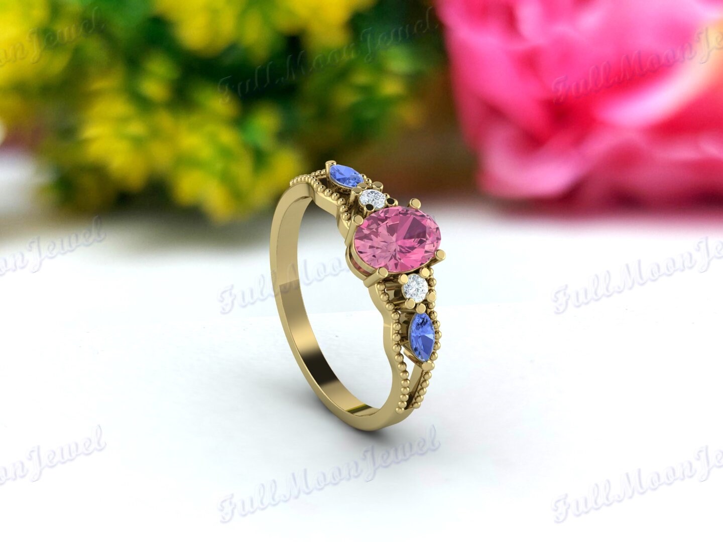 ブルーサファイア＆ピンクトルマリンリング – 925スターリングシルバー