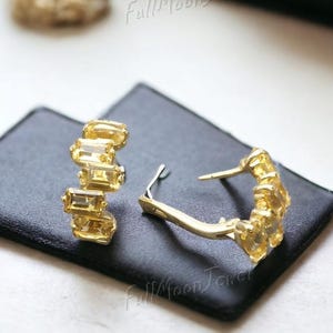 14K Gold Citrine Earrings, Natural Citrine Baguette Earrings, Half Hoops, November Birthstone, Sun Studs, Yellow Vermeil Earrings