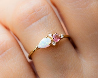 Opal & Pink tourmaline Darling Cluster Ring, pink Stone ring, 925 Silver Sterling ring, Propose ring, Simple ring, october birthstone rings