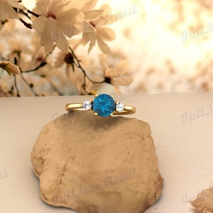 London Blue Topaz 3-Stone Ring Sterling Silver Zircon December Birthstone Handmade Engagement Ring Gift for Her Round Cut Jewelry