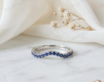 Anillo curvo de zafiro azul, plata de ley 925, anillo apilable con diseño de espiga, piedra natal de septiembre.