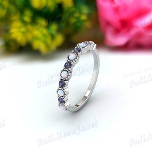 Alexandrite & Opal Half Eternity Band – 14K Rose Gold Wedding Ring – June Birthstone Stackable Ring – Dainty Bridal Anniversary Gift