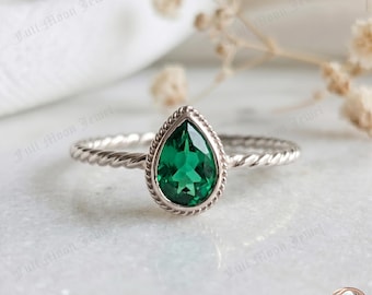 Anillo solitario de esmeralda en forma de pera, plata de ley 925, engaste de cuerda trenzada, joyería estilo boho en forma de lágrima.