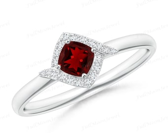 Granat und amerikanischer Diamant Halo Versprechen Ring, 925 Silber Sterling Ring, Januar Birthstone Ring, Geschenk Frauen, schlagen Ring für sie vor