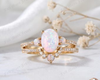 Vintage Opal Bridal Set 925 Silver Oval CZ Curved Wedding Band