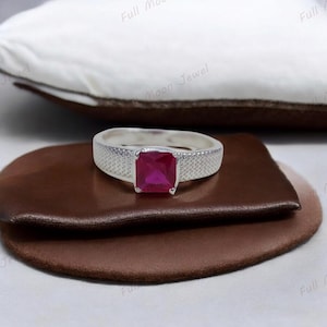 Ruby Ring, Cushion Cut Red Gemstone Ring, July Birthstone, Bold Flawless Ruby, Silver Statement Ring, Engagement Wedding Ring for Her