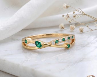 Emerald CZ Criss Cross Ring 925 Sterling Silver Dainty Bypass May Birthstone Band