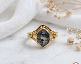 Hexagon Moss Agate Bridal Set 925 Sterling Silver Bezel Ring Curved Nesting Band