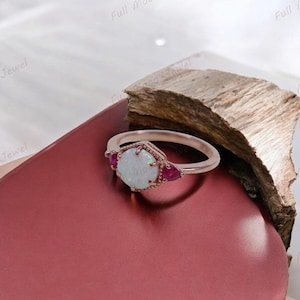 Ruby Opal Engagement Vintage Ring | 14K Gold or 925 Silver Ring | July & October Birthstone | Art Deco Floral Ring | Gift for Her