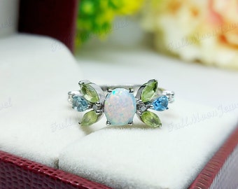 Genuine Opal & Peridot Gemstone Ring with Cubic Zirconia Accents - Multi Stone Engagement Ring, Women's Wedding Jewelry