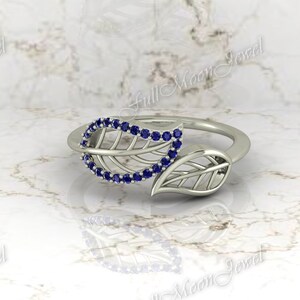 Blue Sapphire Leaf Ring - Blue Stone Bands - Engagement Ring - Unique Promise Ring - Cubic Zirconia Ring - Gifts - Blue Theme Jewelry