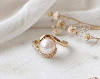 Bridal Gift Pearl CZ Swirl Ring 925 Silver Elegant Promise Jewelry Womens Band