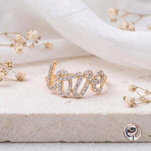 Moissanite Love Ring 925 Sterling Silver Cursive Script Word Statement Band