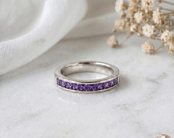Alexandrite Channel Set Band 925 Sterling Silver Princess Cut Purple Promise Ring