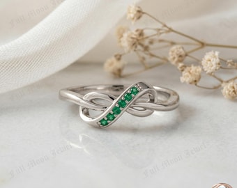 Emerald Infinity Ring 925 Sterling Silver Dainty Love Knot May Birthstone Jewelry Gift