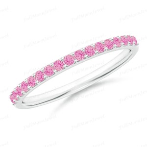 14K Rose Gold Pink Sapphire Ring Half Eternity Micro Pave Band Dainty Stacking Wedding Band September Birthstone Anniversary Gift