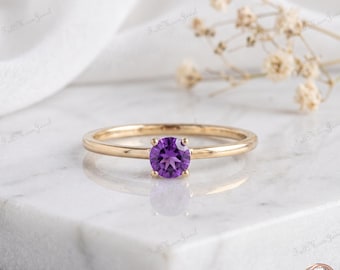 Minimalist Amethyst Ring 925 Sterling Silver Gold Plated Solitaire Promise Jewelry Gift