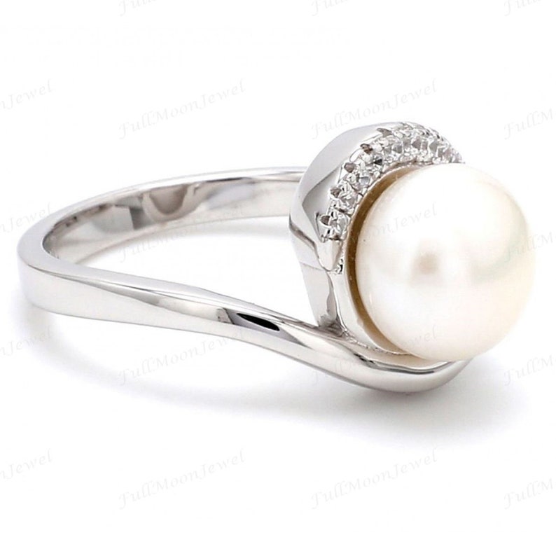 Fresh Water Pearl Ring, American Diamond Ring, 925 Silver Sterling Ring, Engagement Ring, June Birthstone Ring, Simple Designs Ring for Her image 3