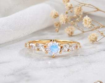 Round Rainbow Moonstone Ring 925 Sterling Silver CZ Vine Dainty Promise Gift