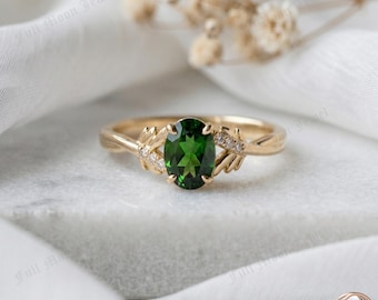Oval Emerald Ring 925 Sterling Silver CZ Leaf Band May Birthstone Botanical Promise