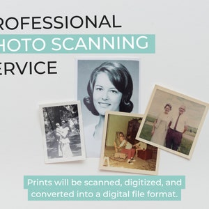 May include: Professional photo scanning service advertisement with a text description and four vintage photographs of people.