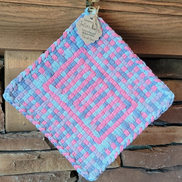 Mom Woven Potholder Trivet Hot Pad Handmade Pro Loom Cotton Loop Hydrangea Pink Blue Purple Décor Baby Shower Mother's Day Birthday Gift