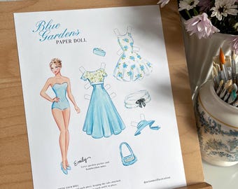 Emily Blue Gardens Printable Paper Doll PDF, Vintage Cut Out Doll, Digital Download