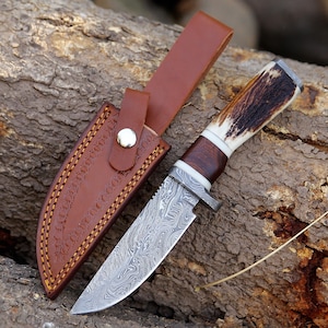 May include: A hunting knife with a patterned blade and a brown and white handle, resting on a piece of wood. The knife is accompanied by a brown leather sheath with decorative stitching and a belt loop.