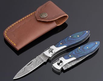 Custom Hand Made Damascus steel Pocket folding Camping tool, Groomsman Wedding Gift, Anniversary Birthday Gift, Thanksgiving Gift for Men