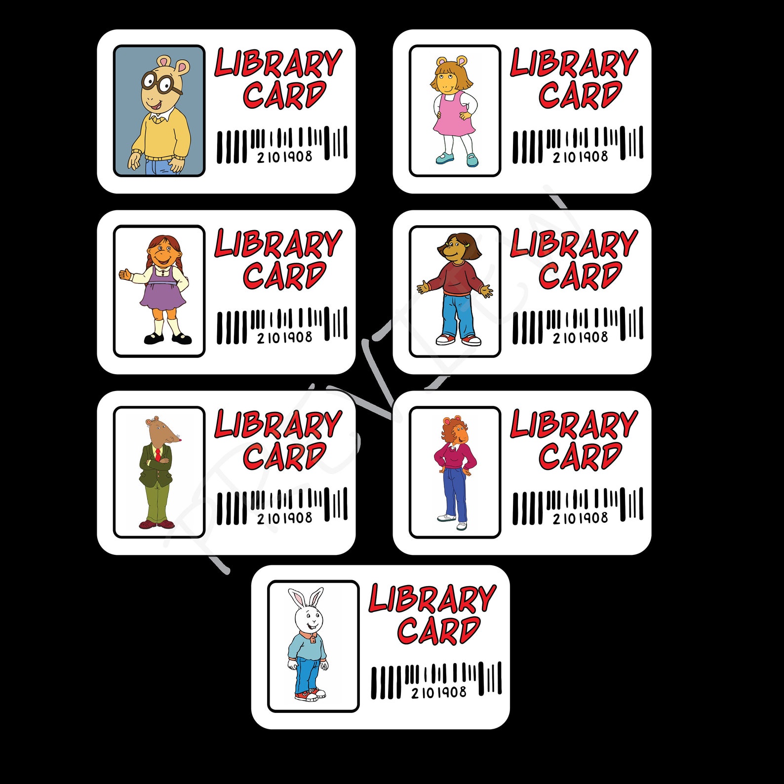 Printable Arthur Characters Library Card Pack, 7 PNG Images, School