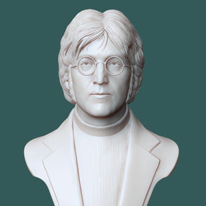 May include: A white bust sculpture of a man with short, layered hair, round glasses, and a turtleneck sweater. The sculpture is of a man wearing a blazer. The bust is set against a teal background.