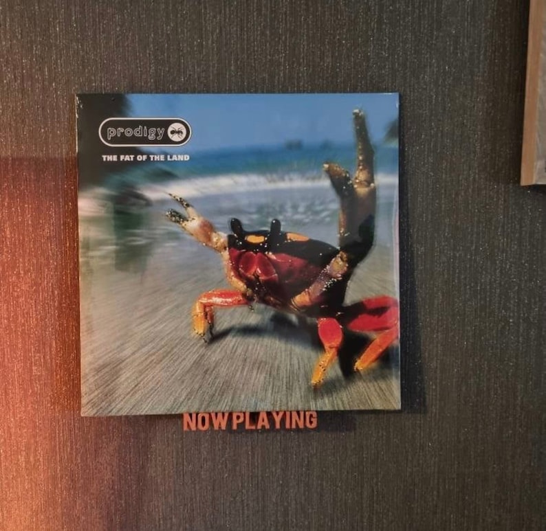 May include: A vinyl record cover for the album "The Fat of the Land" by the band Prodigy. The cover features a red and black crab on a beach with a blue sky and ocean in the background. The text "NOW PLAYING" is printed below the album cover.