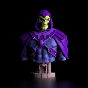 May include: Purple and green bust of Skeletor, a villain from the Masters of the Universe franchise. The bust is made of plastic and features a detailed sculpt of Skeletor's head, chest, and arms. The bust is mounted on a small base.