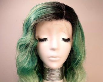 Synthetic   Lace  Wig Short  Curly - Ocean Floor Green