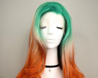 Synthetic lace wig | Long Curly  |  Green /Silver /Orange