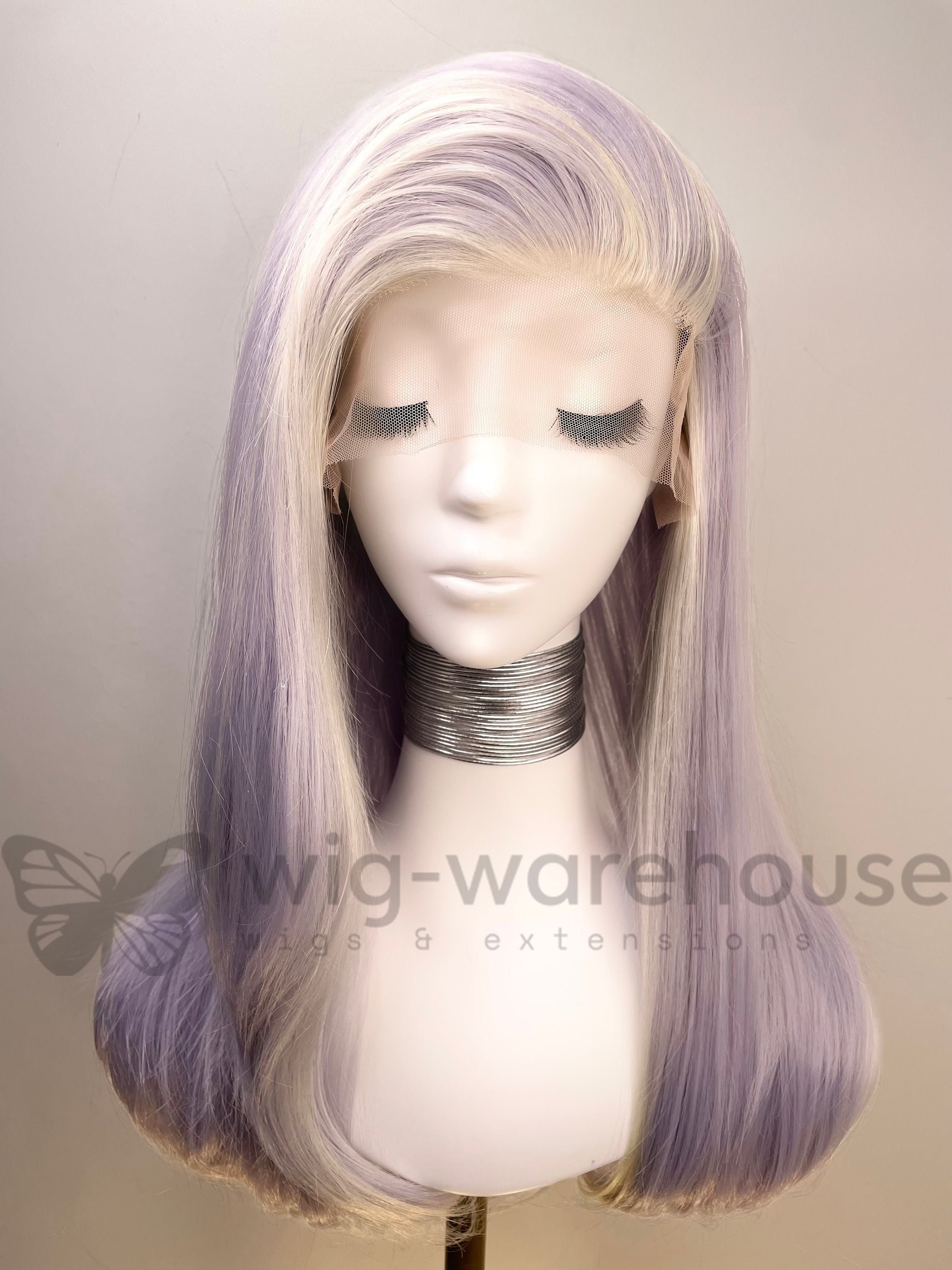 Synthetic Lace Wig Long Wavy - Balayage - Mauve & White Streak