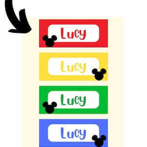 May include: Four printable name tags with a Mickey Mouse head design. The tags are red, yellow, green, and blue. Each tag says "Lucy" in a white font.
