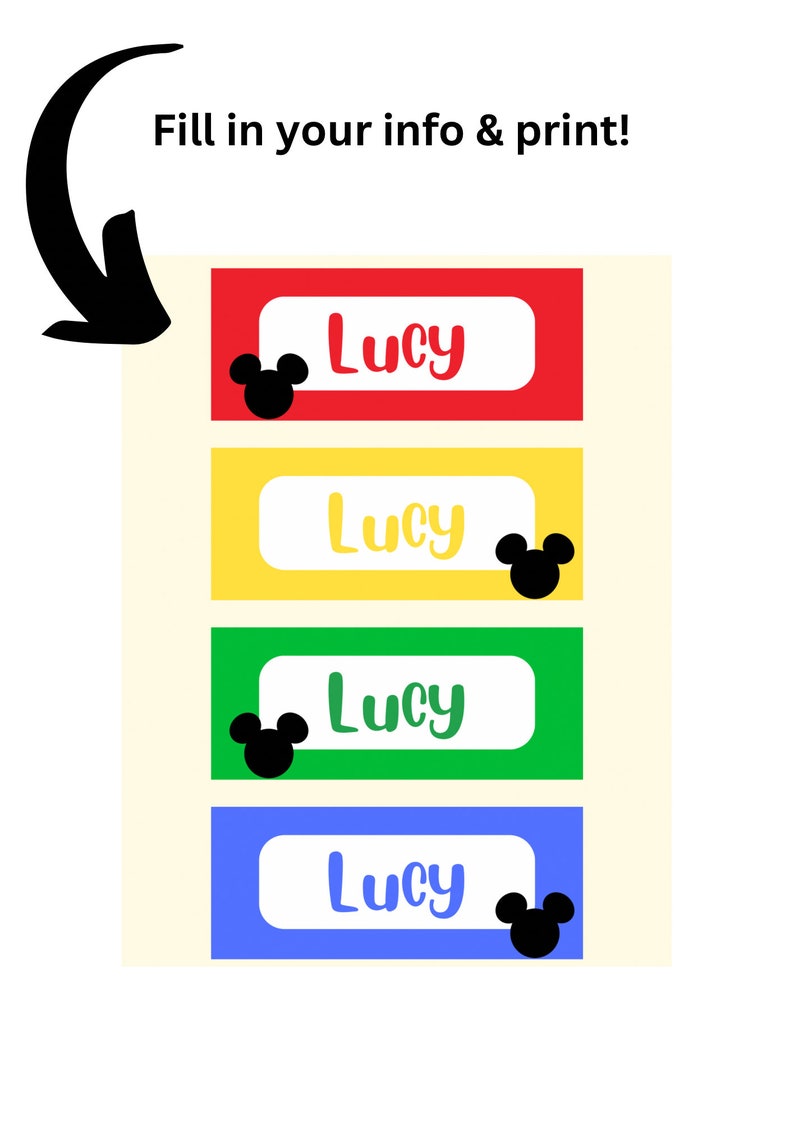 May include: Four printable name tags with a Mickey Mouse head design. The tags are red, yellow, green, and blue. Each tag says "Lucy" in a white font.