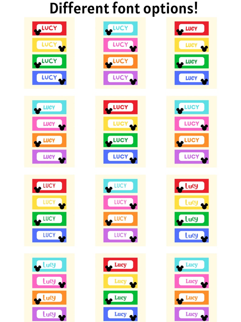 May include: A set of 12 printable name tags featuring the name "Lucy" in different fonts and colors. Each tag has a black Mickey Mouse silhouette.