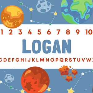 Może przedstawiać: Niebieskie tło z planetami, gwiazdami i konstelacjami otacza biały baner. Baner wyświetla imię "LOGAN" w kolorze niebieskim, z numerami 1-10 i alfabetem powyżej i poniżej. Projekt ma motyw kosmiczny.
