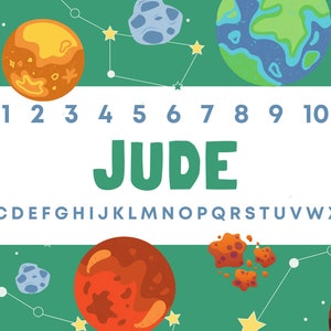Może przedstawiać: Fantazyjny projekt w kosmicznym stylu z planetami, gwiazdami i imieniem "JUDE" w kolorze zielonym. Wyświetlane są r&oacute;wnież liczby od 1 do 10 i alfabet. Tło jest koloru turkusowego.