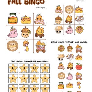 Puede incluir: Juego de bingo de otoño con dos tarjetas, cada una con una cuadrícula de 3x3 de imágenes con temática otoñal. Las imágenes incluyen calabazas, bellotas, una fogata, un erizo, un hongo, un carro con peras, un girasol, un gato, un frasco de especias de calabaza, un suéter, una bota y una manzana. Las tarjetas están etiquetadas como "tarjeta siete" y "tarjeta ocho". También hay 25 estrellas amarillas con caras sonrientes en una cuadrícula de 5x5 etiquetada como "IMPRIMIR MÚLTIPLES Y LAMINAR PARA MARCADORES DE ESPACIO".