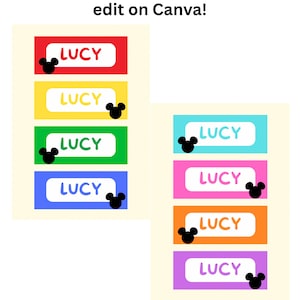 May include: Printable name tags featuring the name "LUCY" in white text on a variety of colored backgrounds. Each tag includes a black Mickey Mouse silhouette.