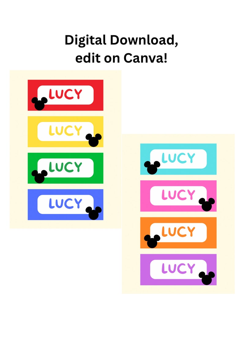 May include: Printable name tags featuring the name "LUCY" in white text on a variety of colored backgrounds. Each tag includes a black Mickey Mouse silhouette.