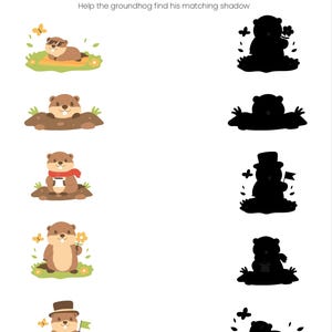 Può includere: Un foglio di lavoro educativo stampabile intitolato "Match The Shadows!" con illustrazioni di marmotte e le loro ombre. Il foglio di lavoro include uno spazio per il nome del bambino e le istruzioni per abbinare le ombre.