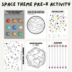 May include: A printable space-themed activity sheet for preschoolers. The sheet includes activities like cutting out planets, connecting the dots, coloring the Earth, and playing I Spy.
