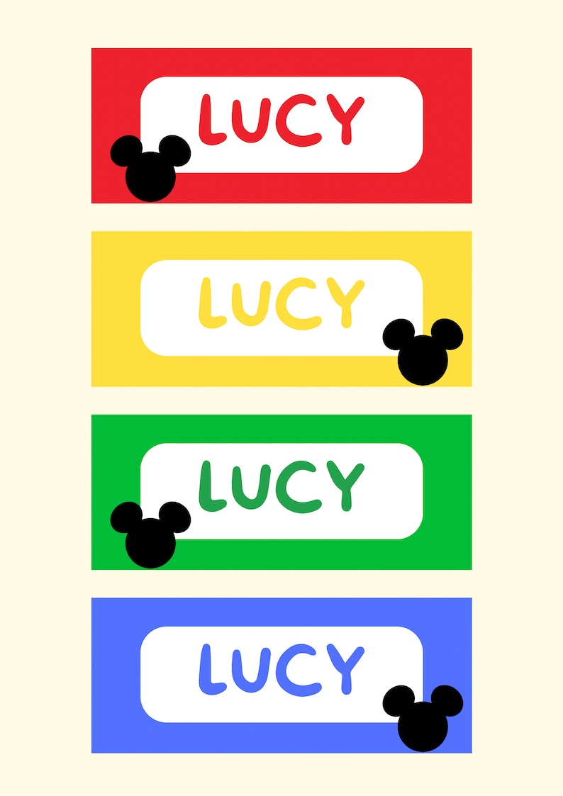 May include: Four printable name tags with the name "LUCY" in different colors: red, yellow, green, and blue. Each tag features a black Mickey Mouse silhouette.